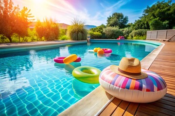 A pool with a hat and a float on it