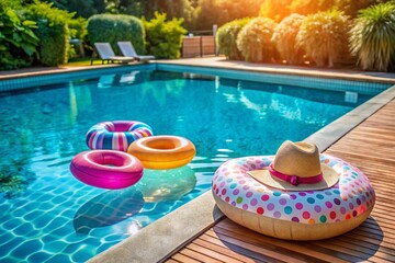 A pool with a hat and a float on it