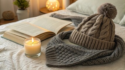 Cozy Winter Scene with Candle, Hat, Scarf, and Open Book