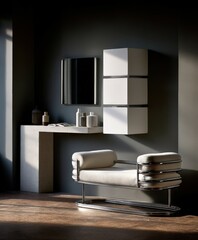 Elegant bathroom interior with vanity, mirror, and a chic seat