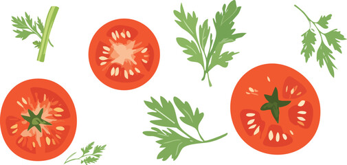 Flat vector illustration of fresh red tomatoes with green stems. Clean and colorful design perfect for food apps, recipe websites, or healthy eating visuals.