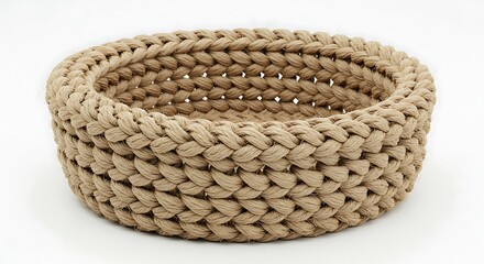 Beige rope woven basket, round shape, handcrafted texture, home decor, studio shot