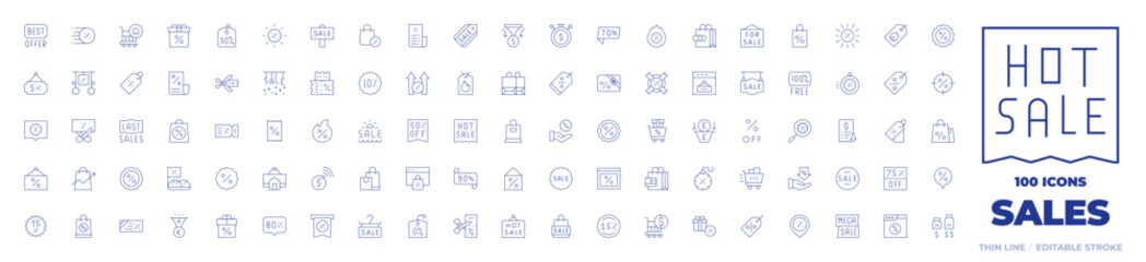 100 Sales Icons Collection. Thin line icon. Editable stroke. gift, discount, bestoffer, cut, percent, Frame, onlineshopping, calendar, offer, coupon, bill, growth