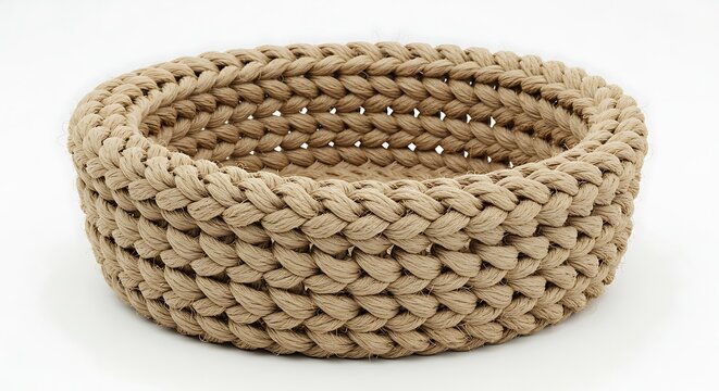 Beige rope woven basket, round shape, handcrafted texture, home decor, studio shot
