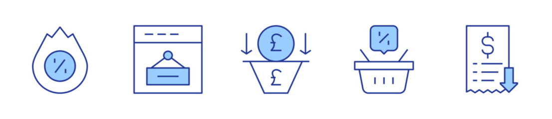 sale, lowsales, salespipeline, hotsale, shoppingbasket. Sales Icon vector illustration. Line Duotone style. Editable stroke