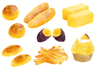 さつまいもスイーツのイラスト　手描き　水彩風