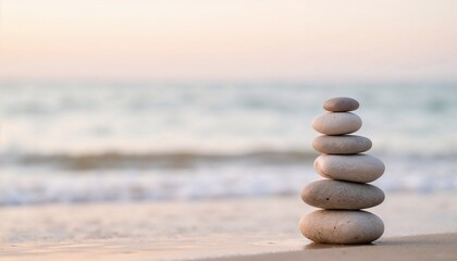 Stacked stones on sandy beach with gentle ocean waves in background  