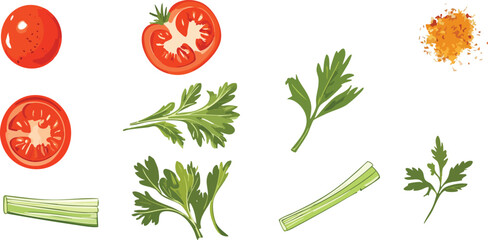 Collection of flat vegetable vectors: tomato, spring onion, shallot, and celery. Clean white background, perfect for farm-to-table visuals or organic food branding.