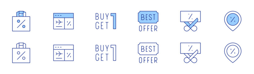Sales icon set in two styles, Duotone and Thin Line style. Editable stroke. paperbag, bestoffer, sales, sale, buyonegetonefree, discount