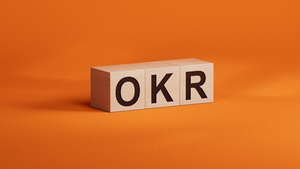 Business and design concept -  surreal wooden cubes OKR. the symbol of leadership, communication and success.Business Concept.3D rendering on orange background.