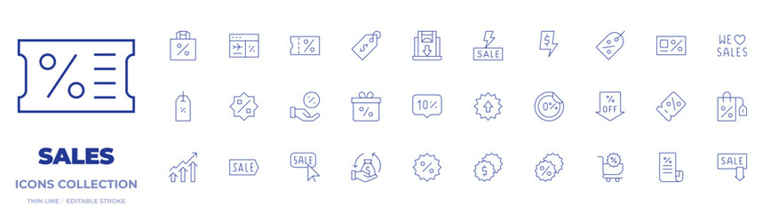 Sales icons collection. Thin Line icons, editable stroke. paperbag, percent, pricetag, discount, shoppingbag, sales, sale, flashsale, bigsale, shoppingcart