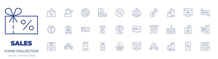 Sales icons collection. Thin Line icons, editable stroke. shoppingbag, gift, phone, discount, web, percent, Frame, onlineshopping, growth, cut, sign, garage, sale