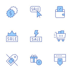 Sales icons set. Line Duotone style, editable stroke. sales, wallet, sale, flashsale, shoppingcart, nosales, onlinesale