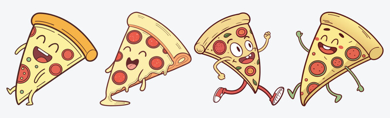 Funny cartoon pizza slice characters – perfect for menus, kids' content, stickers, and food-themed designs vector.