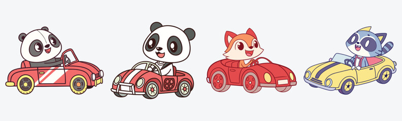 Adorable vector illustration of cute animals driving colorful cars – perfect for kids' designs, education materials, games, vector.