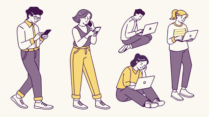 Cartoon vector drawing of business people, a businesswoman with a briefcase, and a businessman with a family, children, and a loving mother