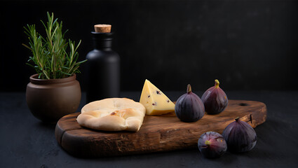 Dark Wooden Board Figs Cheese Rosemary Flatbread image