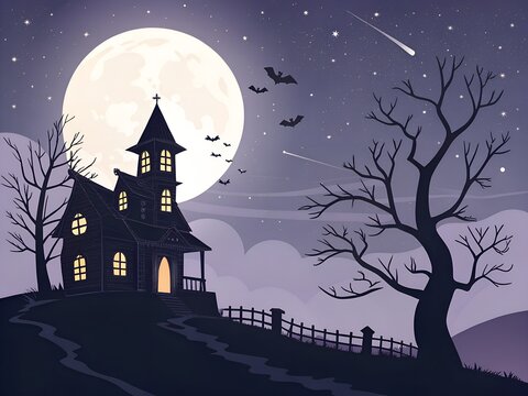 Spooky halloween house under full moon with bats