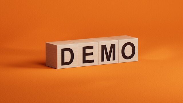 Demo. wooden cubes form the word Demo. An extensive concept of the word demo applied in different fields of activity.3D rendering on orange background.