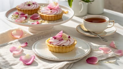 Delicious Cream Tart with Pink Rose Petals on Elegant Table Setting