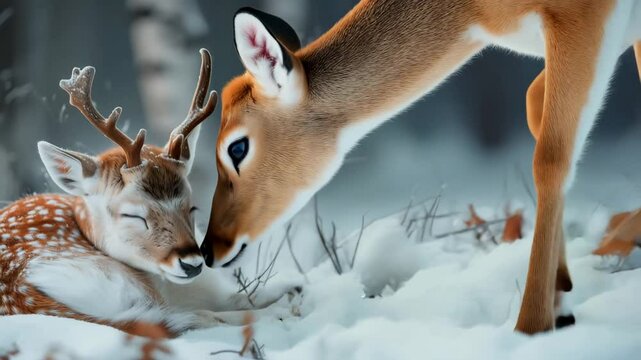 Sc&egrave;ne hivernale touchante d&rsquo;une biche rejoignant son faon allong&eacute; dans la neige, moment de tendresse au c&oelig;ur d&rsquo;une for&ecirc;t calme, ambiance naturelle douce et paisible