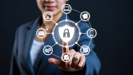 Woman Activating Digital Security Shield Online Data Protection