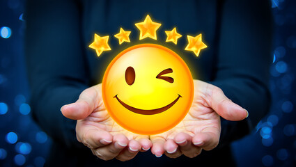 Winking Smiley Face Held in Hands with Golden Stars