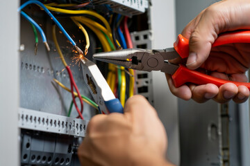 Electrician cutting live wire. Close-up of an electrician's hands using pliers to cut a wire, creating a dangerous spark in a fuse box, illustrating risk and electrical work.