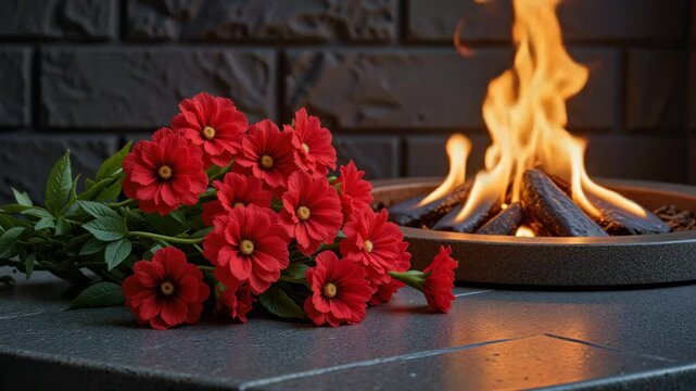 Red carnations on memorial stone next to Eternal Flame, Victory Day remembrance