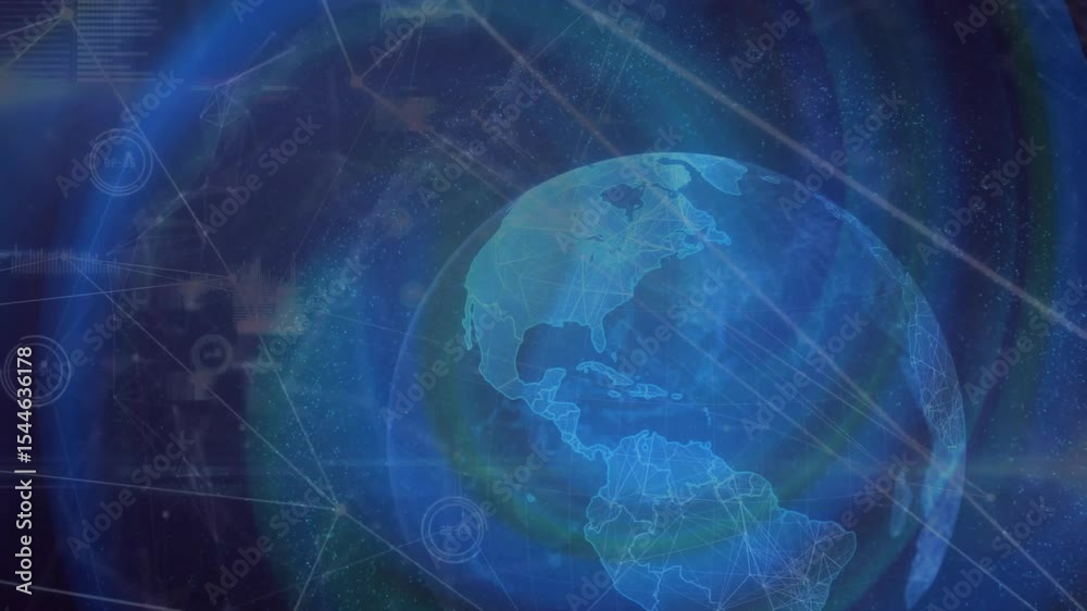 Poster materializing holographic 3d earth globe rotating westward with pulsing rings visualizing data flow