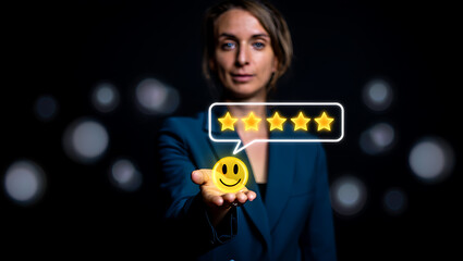 Woman Holding Golden Smiley Five Star Rating business