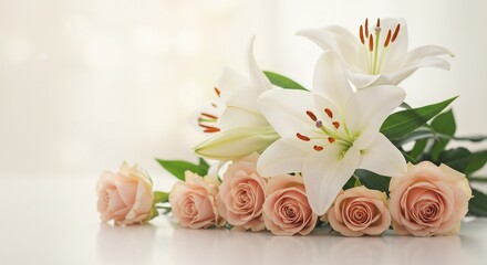 白ユリと淡いピンクのバラ束 優雅な光彩 清楚な美しさ. AI Generated