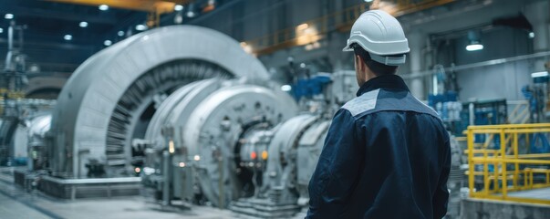 Industrial Worker Observing Large Machinery in Modern Manufacturing Facility Featuring Advanced Technology and Safety Equipment