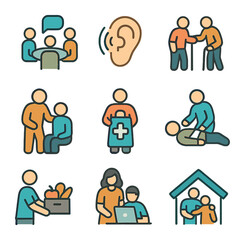 Community Support Icons. Flat icon set of community support: group discussion, listening ear, helping elderly,