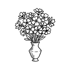 Elegant flower bouquet in vase. Simple line drawing of delicate flowers arranged in classic vase. This refined floral illustration is perfect for home decor, interior design projects,