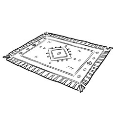 Simple rug design sketch with geometric pattern and fringe. Hand drawn rug illustration with detailed border and central motif.