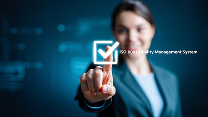 Woman Selecting I S O 9001 Quality Management System Checkmark