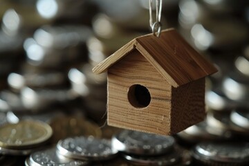 Miniature Birdhouse Ornament Over the Increasing Stacked of Silver Coins