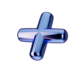 3d Blue plus symbol with a smooth, reflective metallic surface and rounded edges. 3d illustration