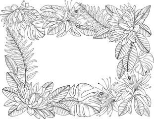 A outline vector illustration of a tropical floral frame with flowers and lush leaves arranged around the border