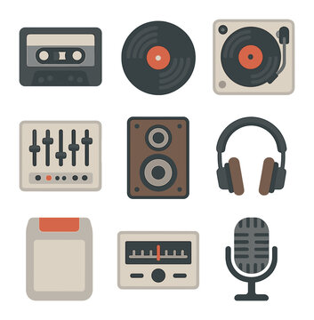 Retro Audio Icons. Flat icon set of retro audio gear for decor: cassette tape, vinyl record, record player,