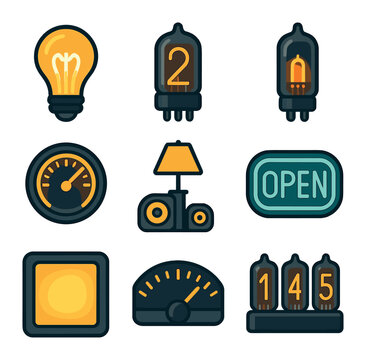 Retro Lighting Icons. Flat icon set of retro lighting using electronics: filament bulb, Nixie tube, glowing