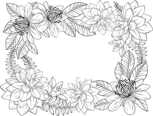 A outline vector illustration of a succulent floral frame featuring a variety of blooming flowers and lush leaves arranged in a decorative border