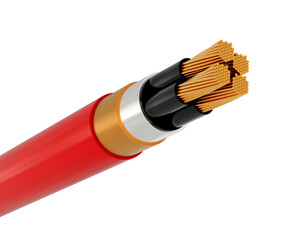 A close up view of a multi stranded electrical cable with a red outer insulation, 3d illustration