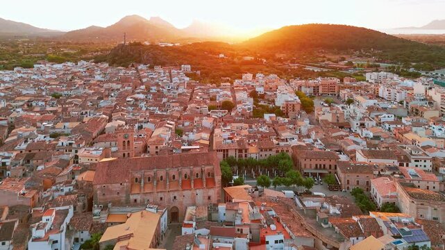 Aerial view of the picturesque town of Pollensa in Mallorca, Spain.