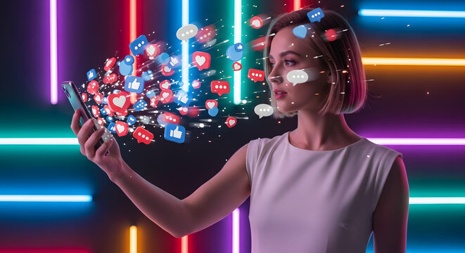 Young Woman Using Smartphone with Social Media Icons Floating in Neon Light Atmosphere