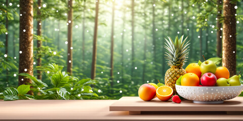 Fresh Fruit Bowl in a Forest Setting.