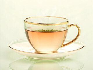 Glass tea cup with gold rim and herbal infusion
