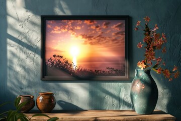 Clear Pixel Visual of a Framed Picture of a Sunset on a Wall