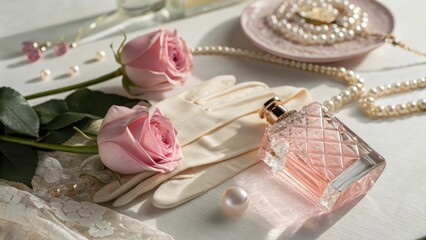 Elegant Still Life with Perfume, Roses, and Fashion Accessories